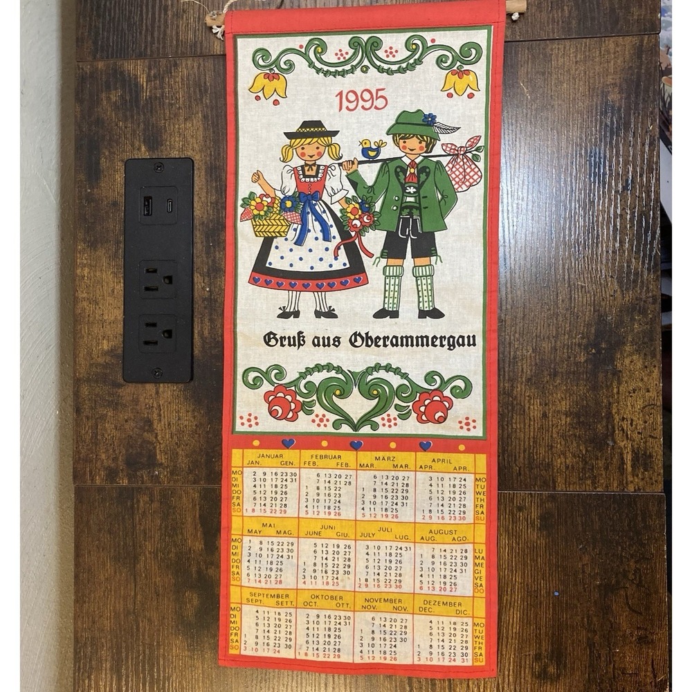 Vintage 1995 Austrian German Cloth Wall Calendar 7.5x17.5 Hang String Tradition